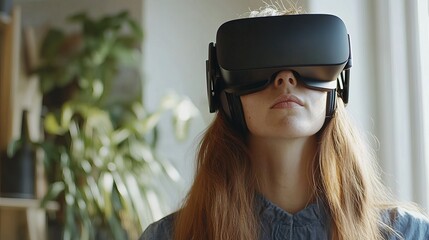 Poster - Young Woman Experiencing Immersive Virtual Reality Headset Technology Modern Futuristic Digital World Exploration Innovative Device Advanced High Tech