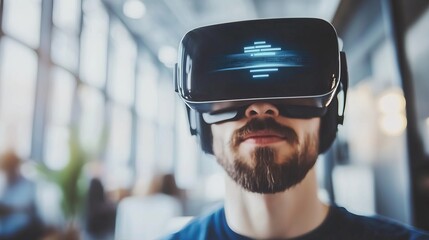 Poster - Modern Man Using Virtual Reality Headset Futuristic Technology Immersive Experience Digital Innovation Advanced Device Screen Display Interface       