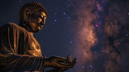Wall Mural - A large bronze Buddha statue stands against a starry night sky.