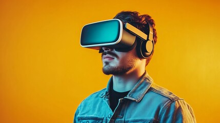 Poster - Young Man Wearing Virtual Reality Headset Modern Technology Experience Innovative Digital Future Immersive Gaming Metaverse Exploration Advanced      