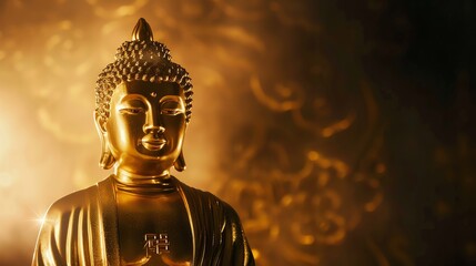 Wall Mural - A golden Buddha statue with a serene expression, standing against a background of warm, blurry light.