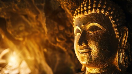 Wall Mural - A close-up of a golden Buddha statue with a serene expression, with a warm glow behind it.