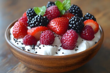 Wall Mural - Fresh Berry and Cream Delight in a Wooden Bowl for Healthy Snacks and Breakfast Ideas