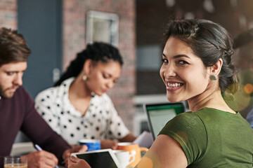 Poster - Happy woman, portrait and web designer with tablet in meeting for group project, design or development at office. Female person, employee or creative with smile, team or technology at digital agency