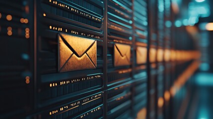 Poster - Digital Email Server Network Technology Abstract Background Golden Envelope Modern Data Center Infrastructure Secure Communication Internet Technology