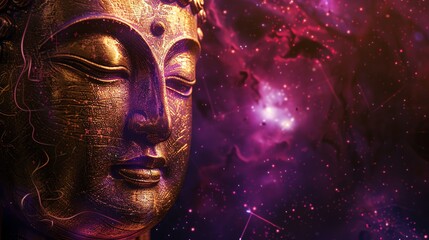 Wall Mural - A close-up of a golden Buddha statue with a pink and purple nebula in the background.