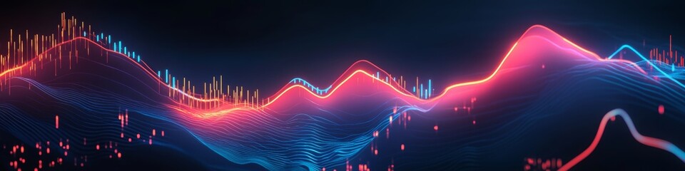 Poster - Vibrant Data Visualization Neon Blue And Red Glowing Curve Charts Dynamic Financial Market Trends