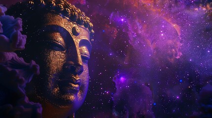 Wall Mural - A golden Buddha statue with a cosmic nebula background.
