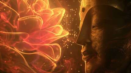 Wall Mural - A digital artwork depicting a golden Buddha statue with a glowing orange lotus flower.