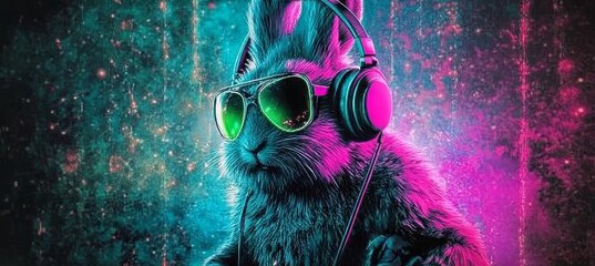 Wall Mural - Cool Neon Party Rabbit Wearing Headphones, Listening to Music on a Vibrant Background