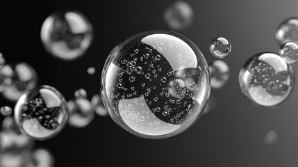 Poster - A modern and artistic rendering of perfectly round bubbles in black and white, maintaining an isolated composition with no connections or shadows.