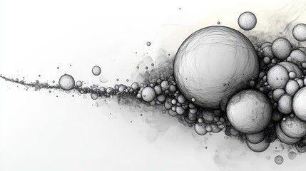 Poster - Flat, monochromatic bubble arrangement, using only crisp black outlines and white highlights on a clean white background, creating a technical, precise effect.