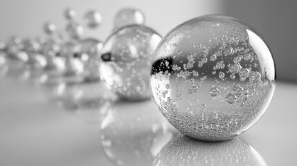 Poster - Abstract yet methodical collection of monochrome bubbles, each carefully placed and highlighted with stark white reflections on a clean white canvas.