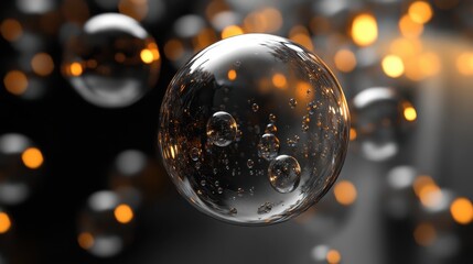 Poster - Group of floating bubbles, each uniquely shaped but maintaining perfect contrast with bold black edges and soft white highlights, no shading applied.