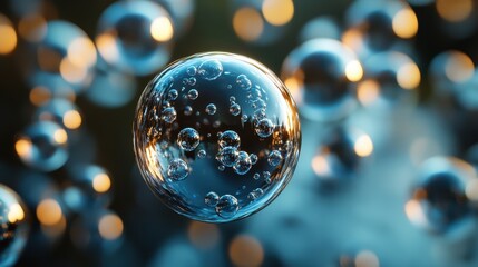 Poster - Group of floating bubbles, each uniquely shaped but maintaining perfect contrast with bold black edges and soft white highlights, no shading applied.