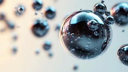 Poster - High-detail vector-style depiction of black-outlined bubbles with white reflections, floating freely on a bright white canvas, perfectly spaced.