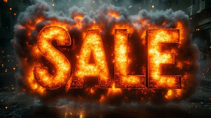 Poster - Massive explosion of warm autumn colors and bright light, dynamic 3D animation style SALE letters emerging from the explosion, bold capital letters 