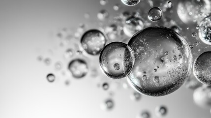 Poster - Minimalist black and white illustration of scattered bubbles on a pure white background, each bubble outlined with precise black highlights and no shading.
