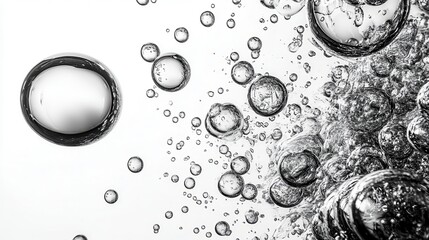 Poster - Simple yet dynamic black and white bubble composition, drawn with clean vector-like precision, scattered naturally on a stark white background.