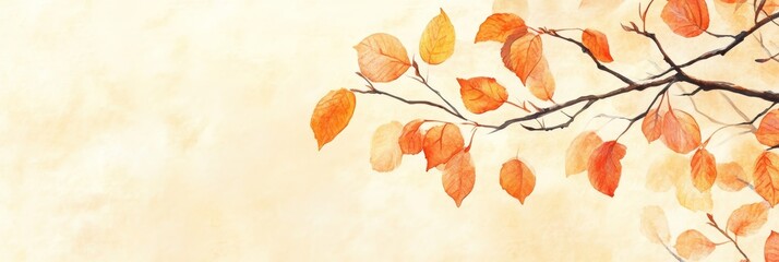 golden autumn watercolor tree branch with orange fall leaves on light beige background