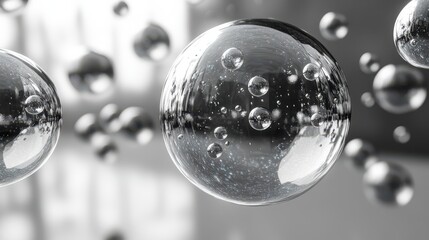 Poster - Sophisticated monochrome artwork of separate, weightless bubbles, their black edges and white highlights creating a perfect balance on a minimalistic white setting.