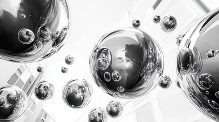 Poster - Technically flawless rendering of multiple floating bubbles, each isolated and illustrated in sharp black and white contrast against a pure white setting.