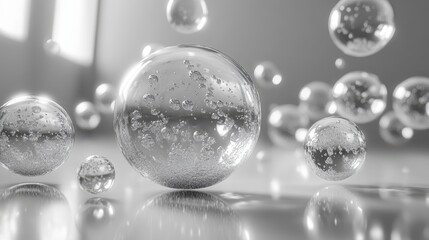 Poster - Technically flawless rendering of multiple floating bubbles, each isolated and illustrated in sharp black and white contrast against a pure white setting.