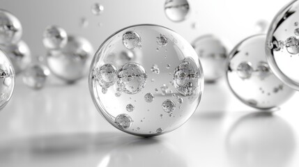 Poster - Technically flawless rendering of multiple floating bubbles, each isolated and illustrated in sharp black and white contrast against a pure white setting.