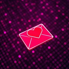Poster - A bright pink envelope with a red heart glows against a digital, pixelated purple background, symbolizing love in the digital realm, online love