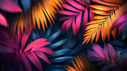 Aufkleber - A stunning arrangement of colorful palm leaves forms an abstract background, showcasing vibrant hues of pink, orange, and blue. This lively composition ignites imagination and creativity
