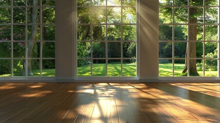 Poster - A view of a green garden through a large window, sunlight streams in illuminating the wood floor.