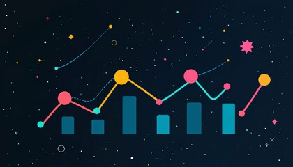 Poster - Abstract Data Visualization Vibrant Line Bar Graph on Dark Blue, Modern Data Chart