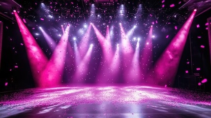 Glamorous stage setup with pink confetti glistening under bright lights.