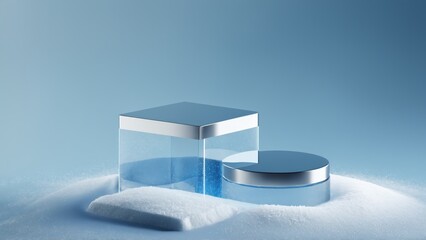 Wall Mural - Square podium with cylindrical pedestal on snow