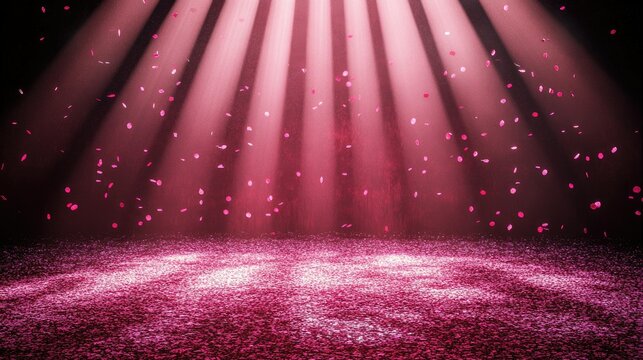 Luxurious pink glitter confetti on a stage floor glowing under radiant light