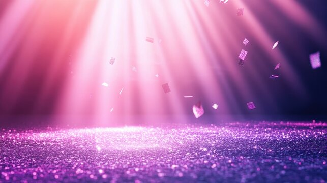 Luxurious pink glitter confetti on a stage floor glowing under radiant light