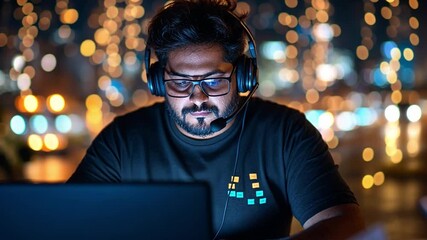 Poster - Young man working on laptop with headset in illuminated urban setting at night