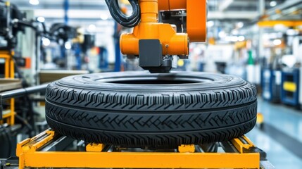 Poster - a massive tire manufacturing factory with robotic machines forming rubber treads