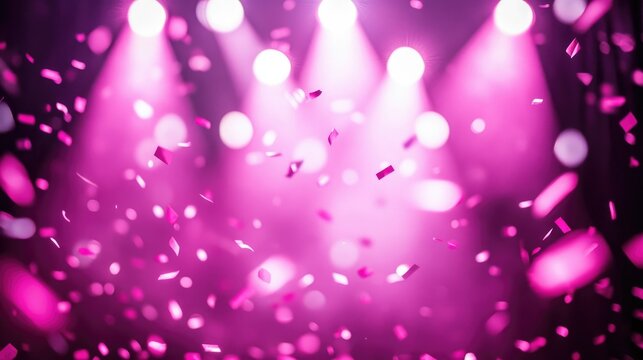 Party atmosphere with pink confetti sparkling under stage lights