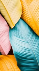 Aufkleber - Brightly colored palm leaves layer together, forming an abstract display of vibrant pink, yellow, and turquoise shades. This captivating composition evokes a sense of tropical bliss and serenity