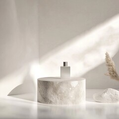 Wall Mural - Minimalist perfume display, sunlit, stone pedestal