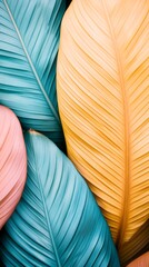 Aufkleber - Brightly colored palm leaves in shades of pink, aqua, and yellow intertwine, forming a lively abstract background. This composition invites the viewer into a tropical dreamscape filled with joy