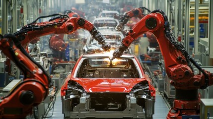 Poster - fully automated car assembly line with mechanical arms installing vehicle parts