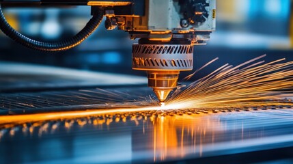 Poster - Industrial steel-cutting plasma machine slicing through metal sheets with high precision