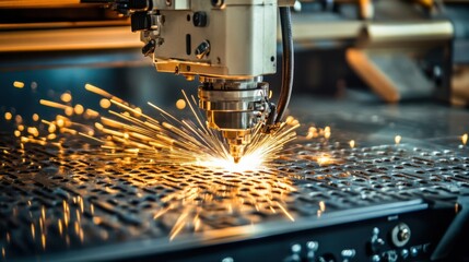 Poster - Industrial steel-cutting plasma machine slicing through metal sheets with high precision