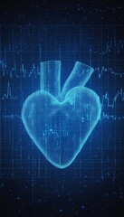 Poster - Digital Illustration, Glowing Blue Human Heart, Blue Graph Background, Healthcare, Medical