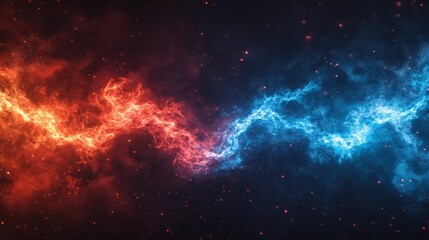 Poster - Vibrant hues of red and blue swirl together in an energetic dance, creating a striking contrast against a mesmerizing cosmic backdrop filled with cosmic dust and stars