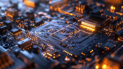 Poster - Abstract Circuit Board Technology Background Digital Art Glowing Orange Lines Detailed Electronic Components High Tech Innovation Modern Design       