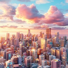 Poster - City skyline bathed in beautiful golden light during stunning sunset hour