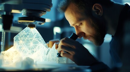 Poster - Male Scientist Examining 3D Printed Model under Microscope Detailed Research Innovation Technology Development Engineering Project Science Laboratory 